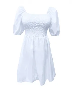 Abito da donna elegante con maniche a sbuffo bianco Abito da sera solido con spalle scoperte Abito estivo dolce da donna con ela