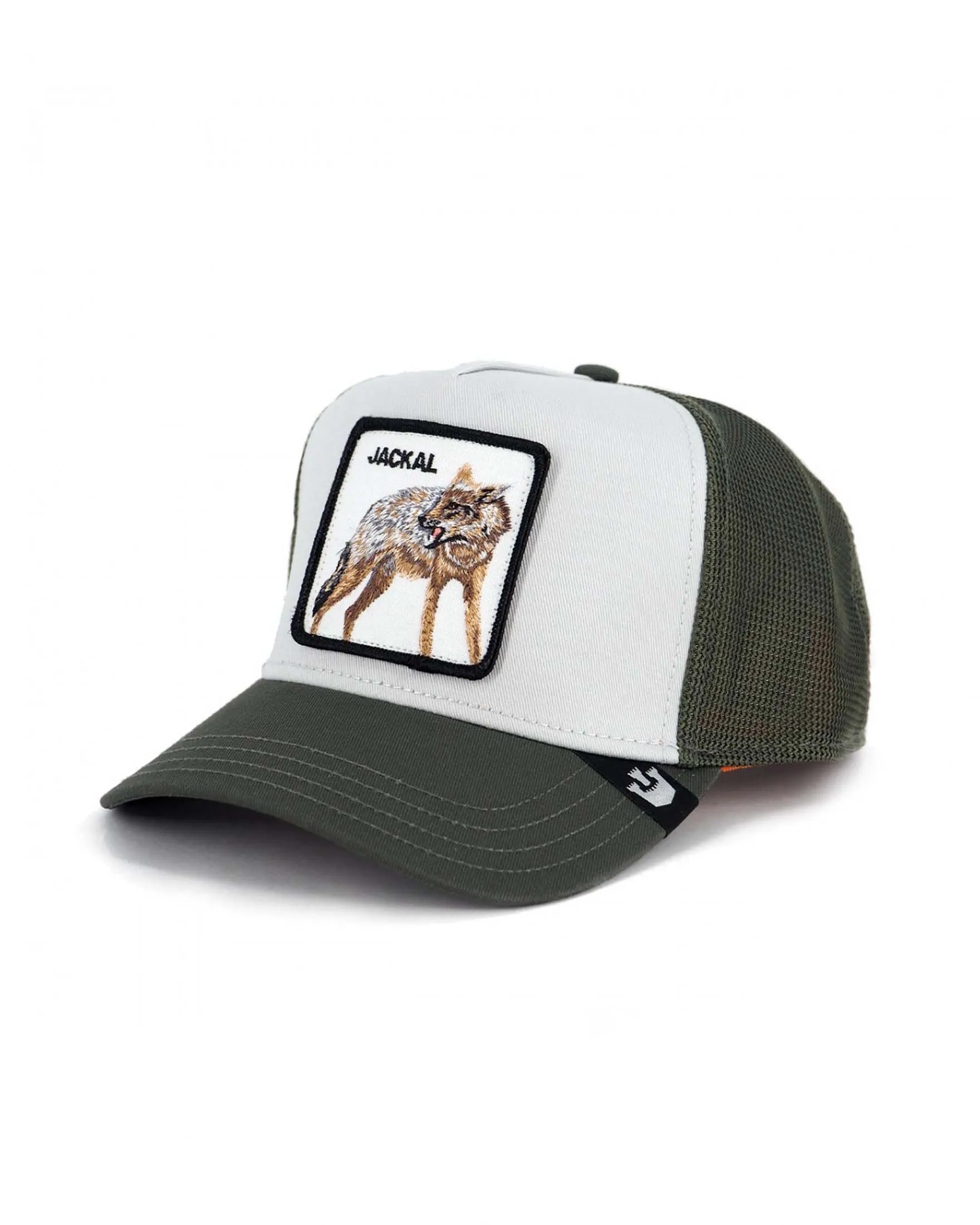 Berretto Jackal trucker bianco con patch sciacallo e parte in mesh verde militare