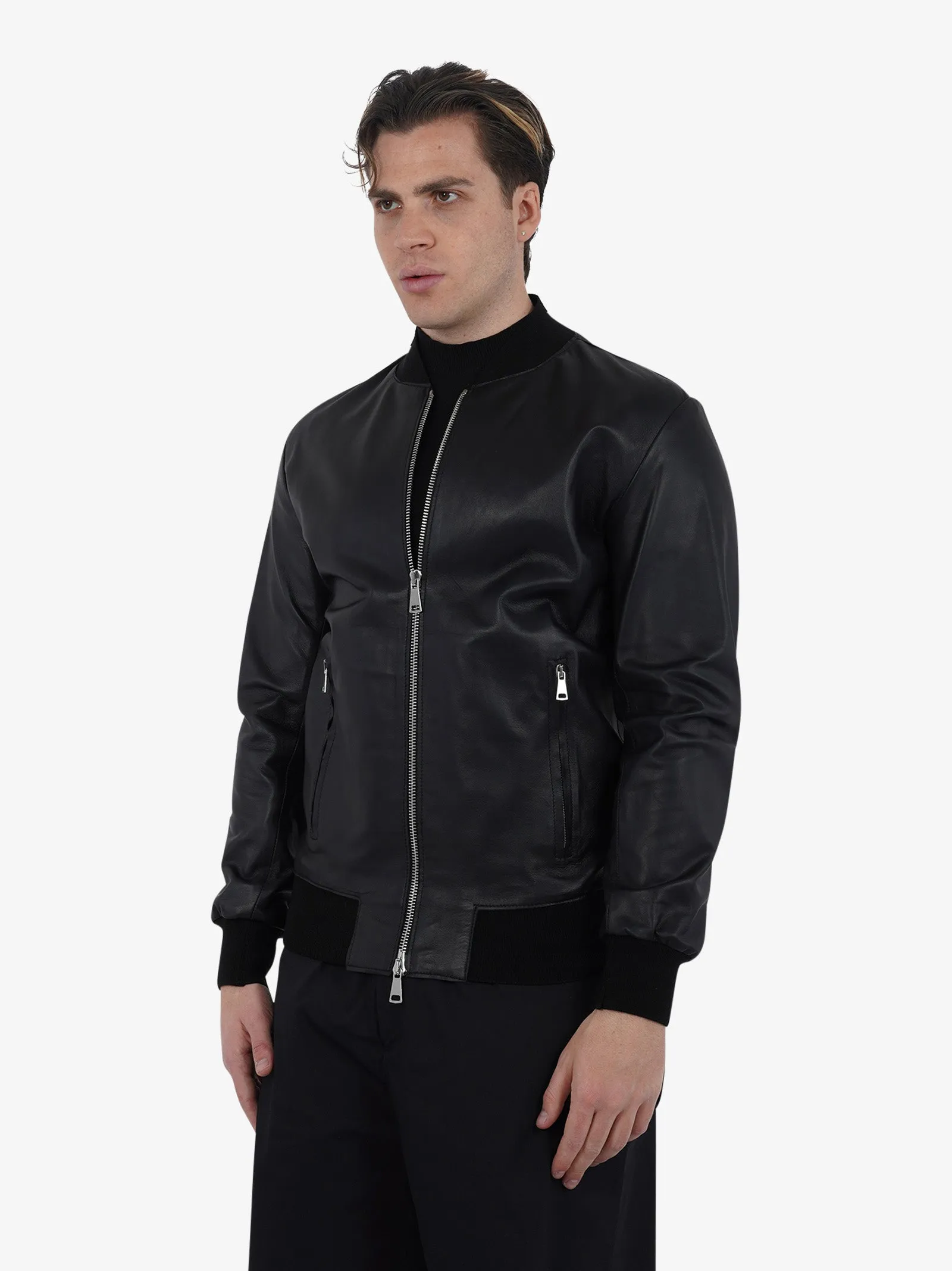 Bomber doppio cursore uomo pelle nero