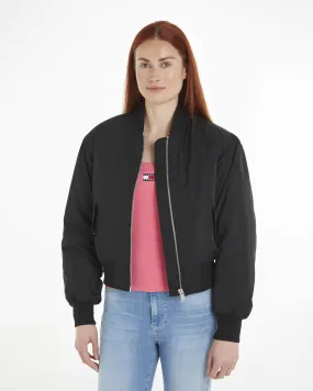 Bomber nero corto in nylon con scritta logo ricamata tono su tono sul petto