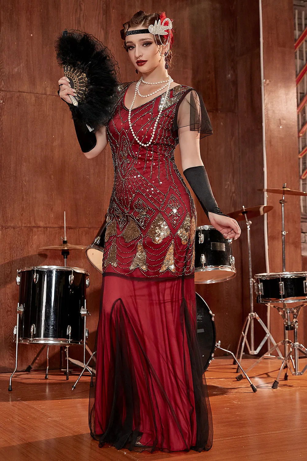 Borgogna Lunga 1920 Paillettes Flapper Abito Formale