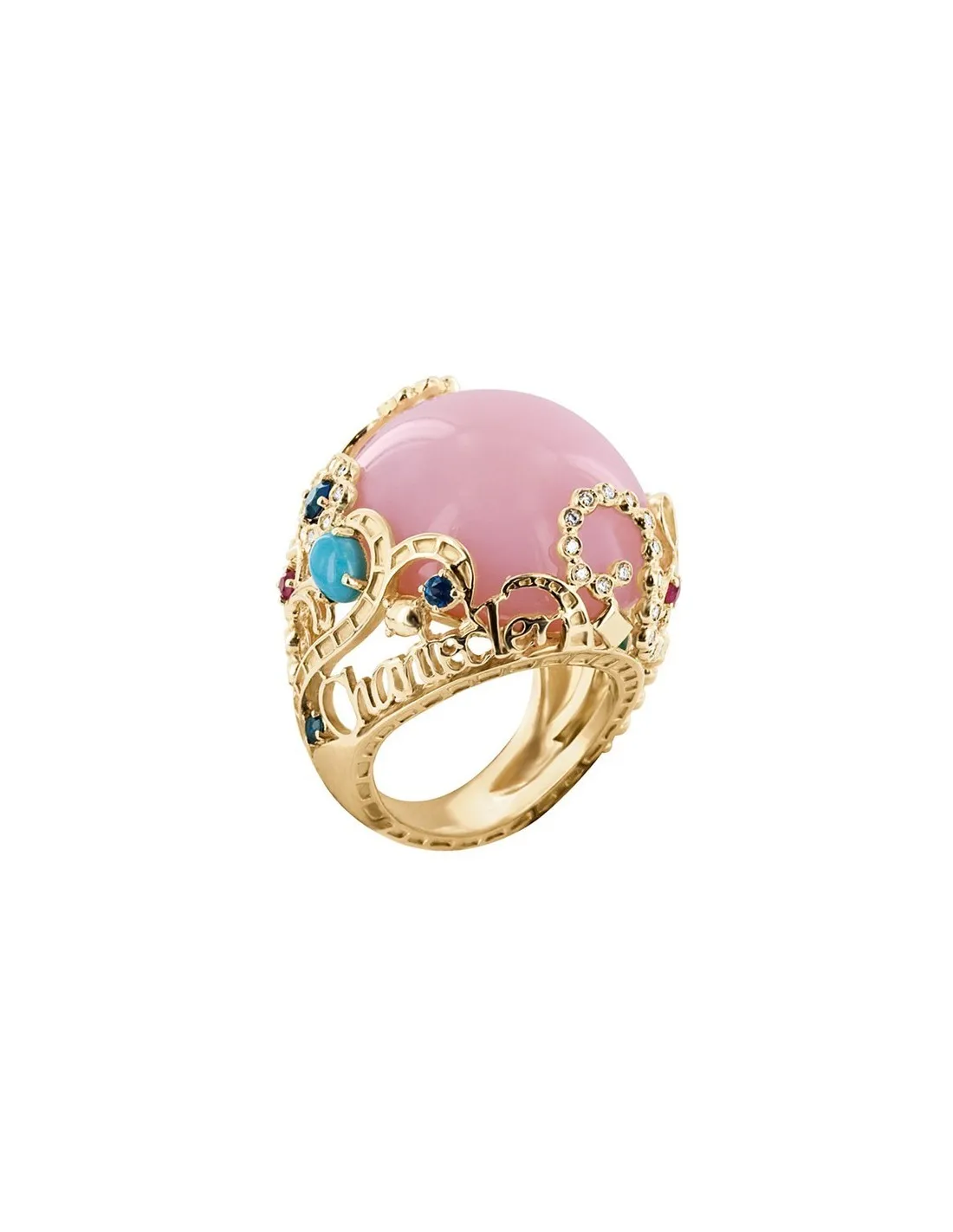 Chantecler Suamèm Anello in oro giallo con opale rosa cabochon e turchese, zaffiri, rubini, smeraldi e diamanti