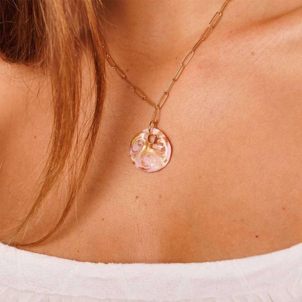 Collana con Pendente a Medaglietta Rosa in Vetro di Murano e Argento 925