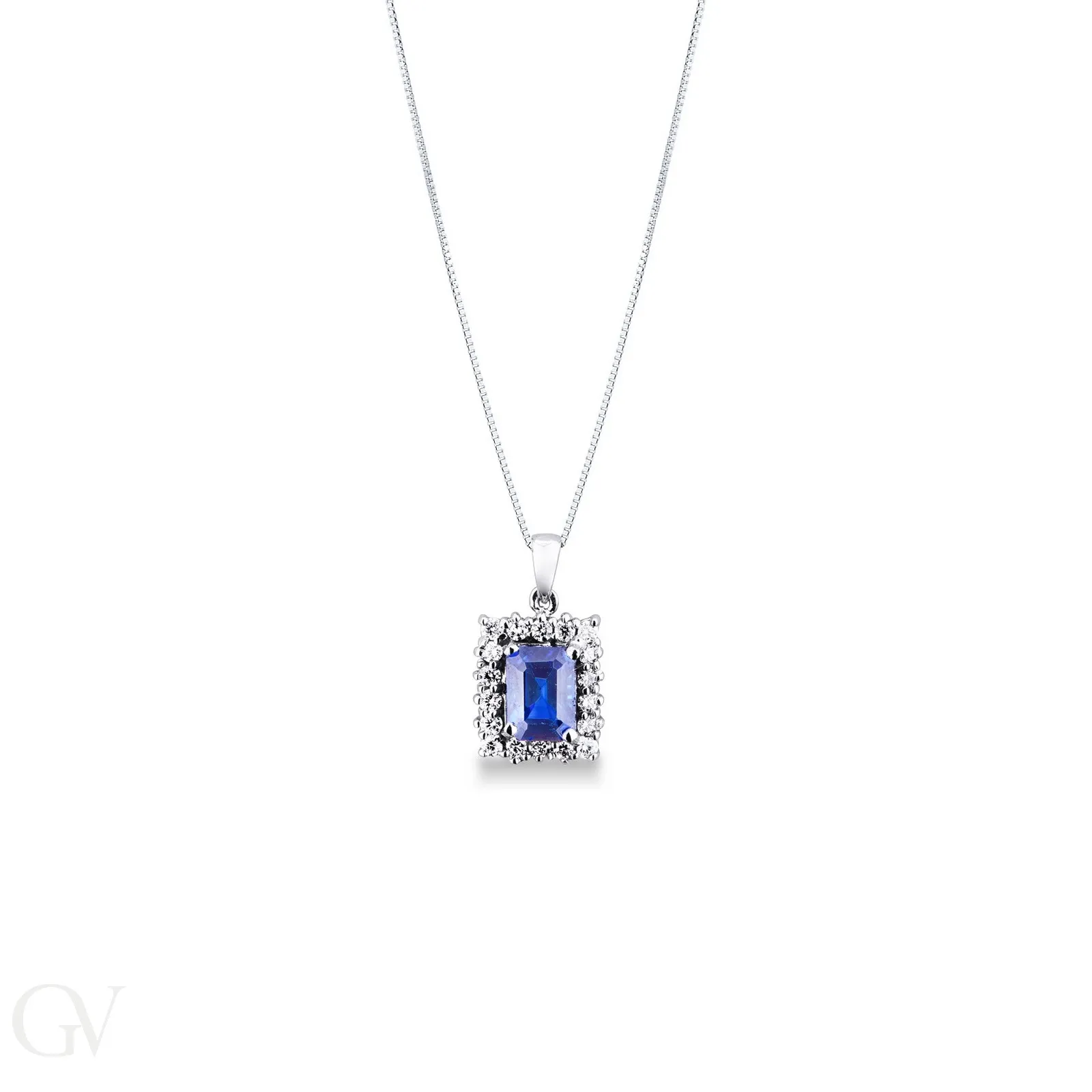 Collana in oro bianco 18k con zaffiro blu e diamanti a contorno