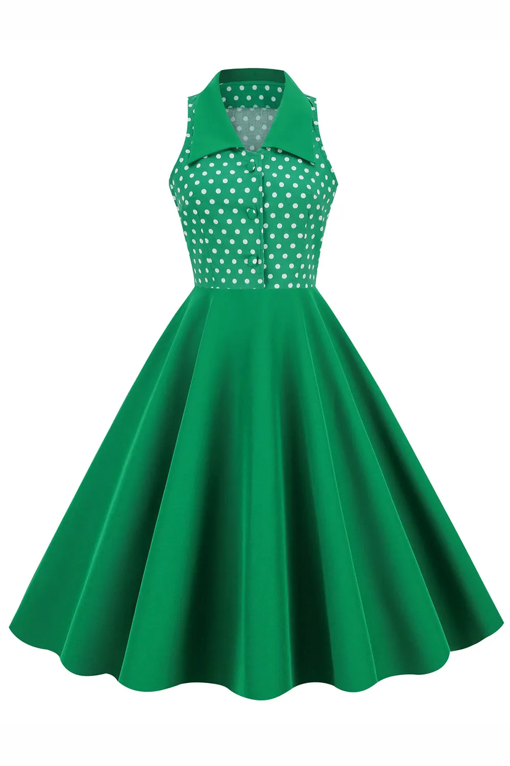 Green Lapel Neck Polka Dots Swing 1950s Abito