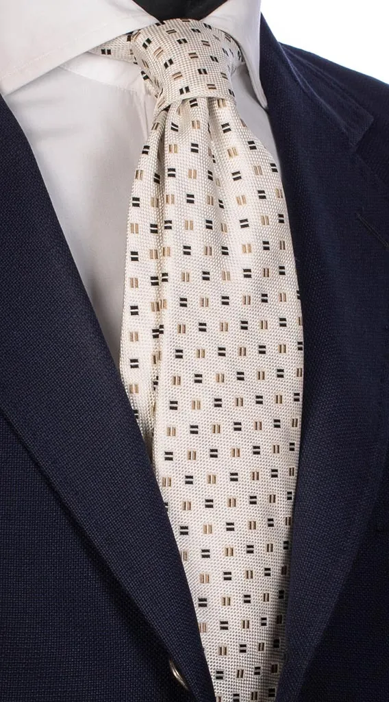 Man Cream Color Silk Tie Black Beige Pattern 3564