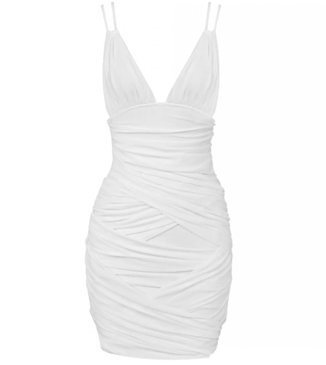 Mini abito aderente in rete con scollo a V con scollo a V Abito estivo bianco senza maniche con drappeggio senza schienale Abito