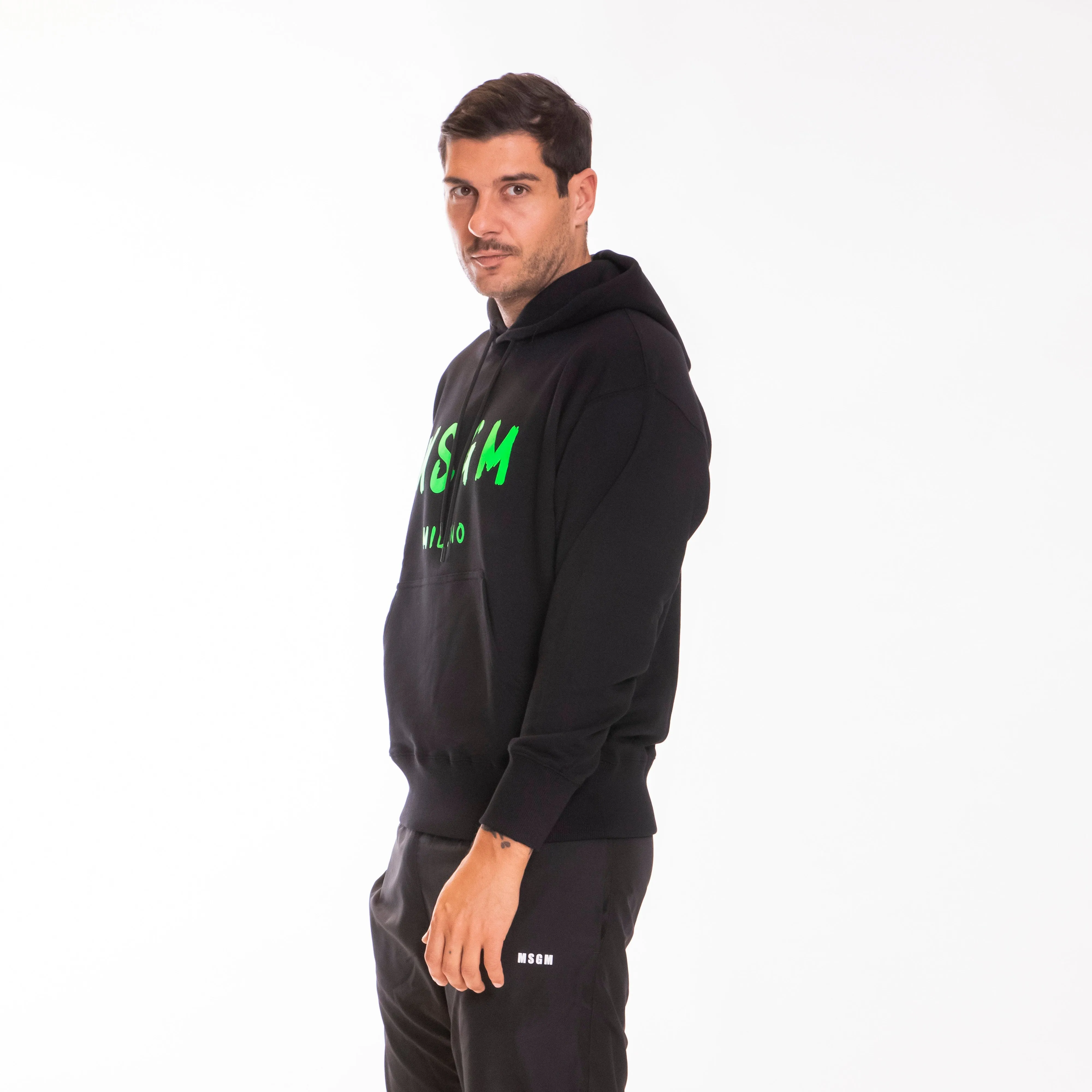 MSGM HOODIE BLACK PRINT LOGO FLUO