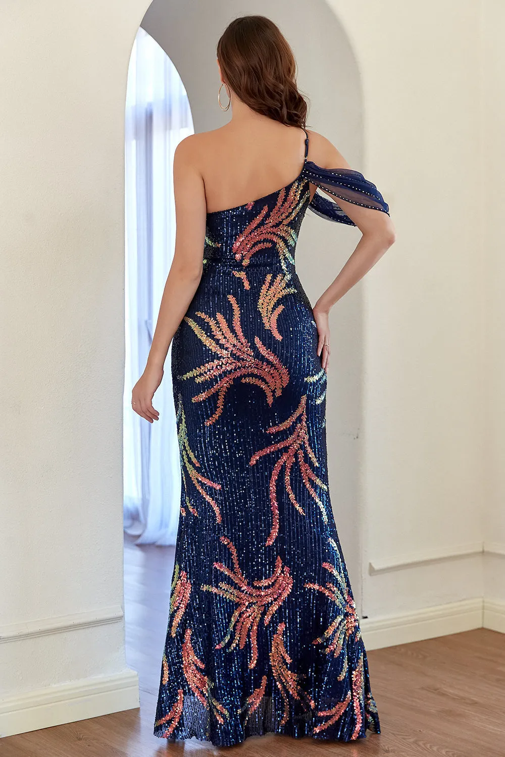 Navy One Shoulder Paillettes Prom Abito con spacco