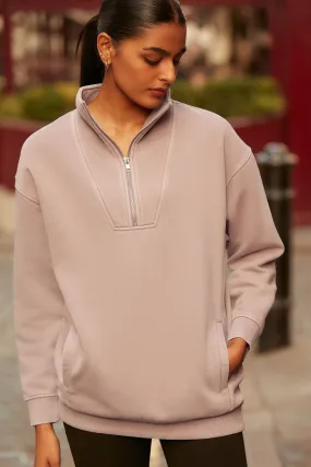 Relaxed Fit Washed Longline Zip Neck Sweatshirt    