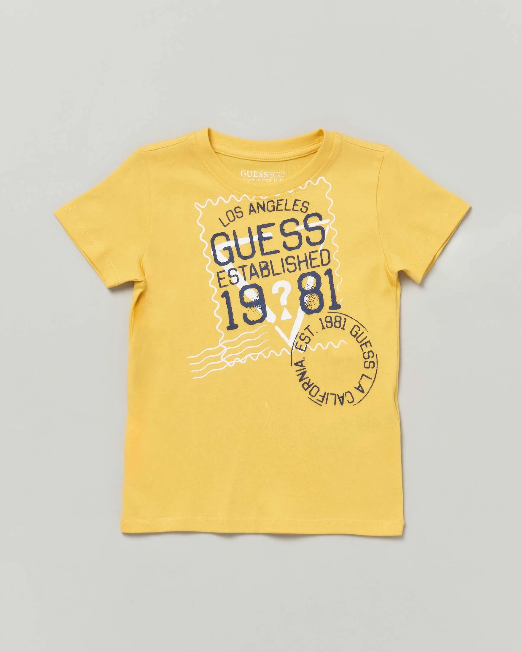 T-shirt gialla mezza manica con stampa logo blu a francobollo 3-7 anni
