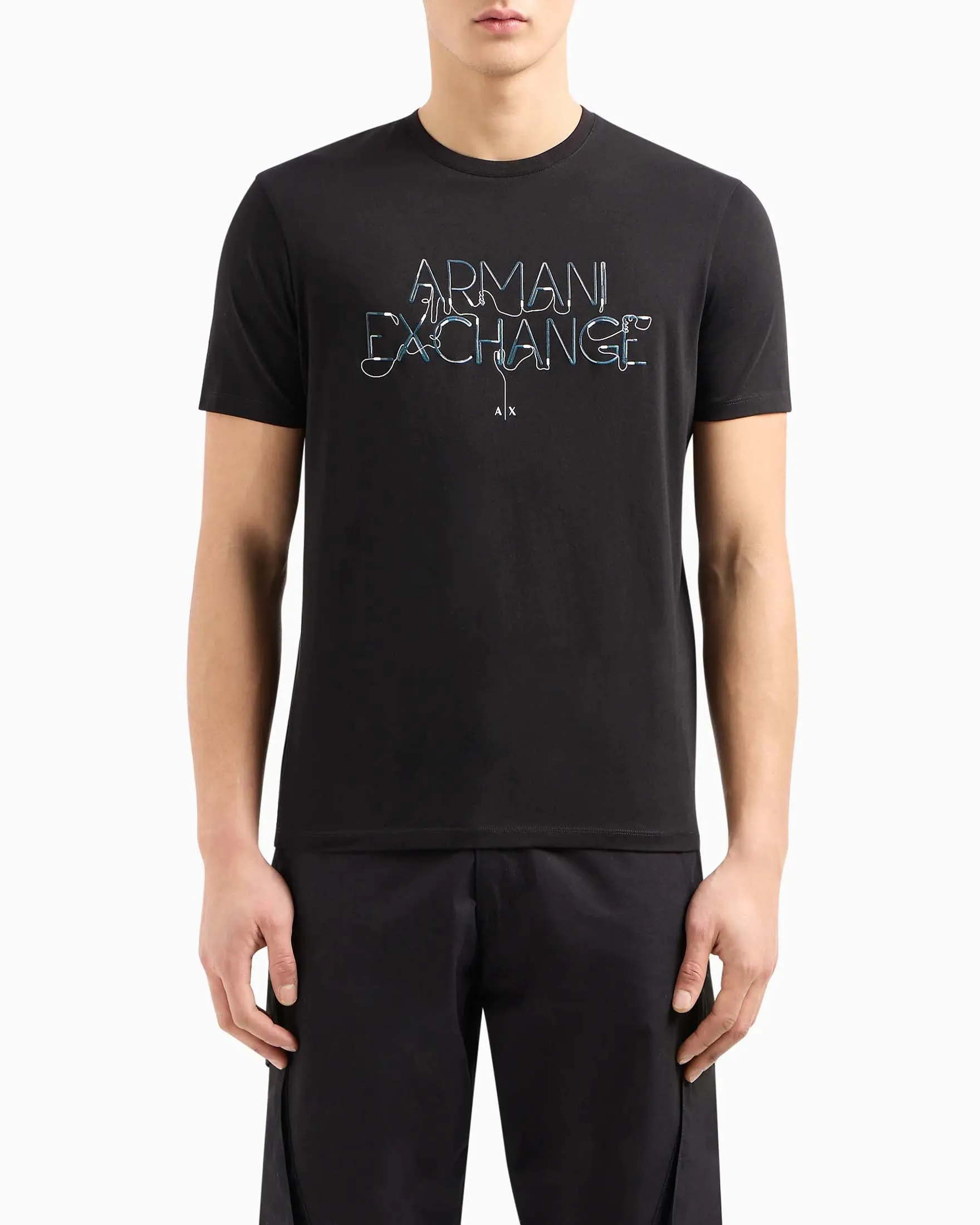 T-shirt nera in puro cotone con stampa maxi logo blu stile neon frontale